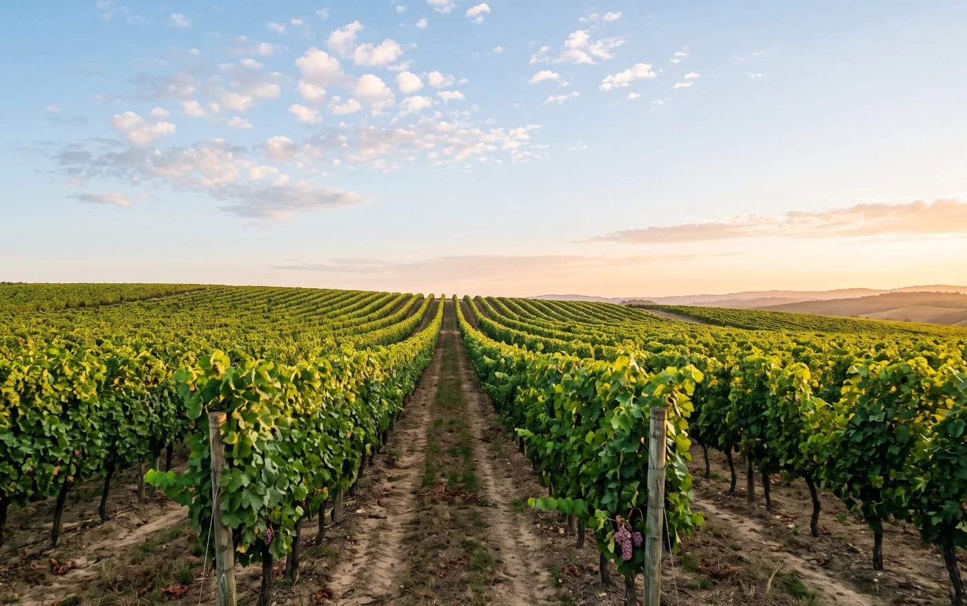 Vineyards stretching to the hills at sunset