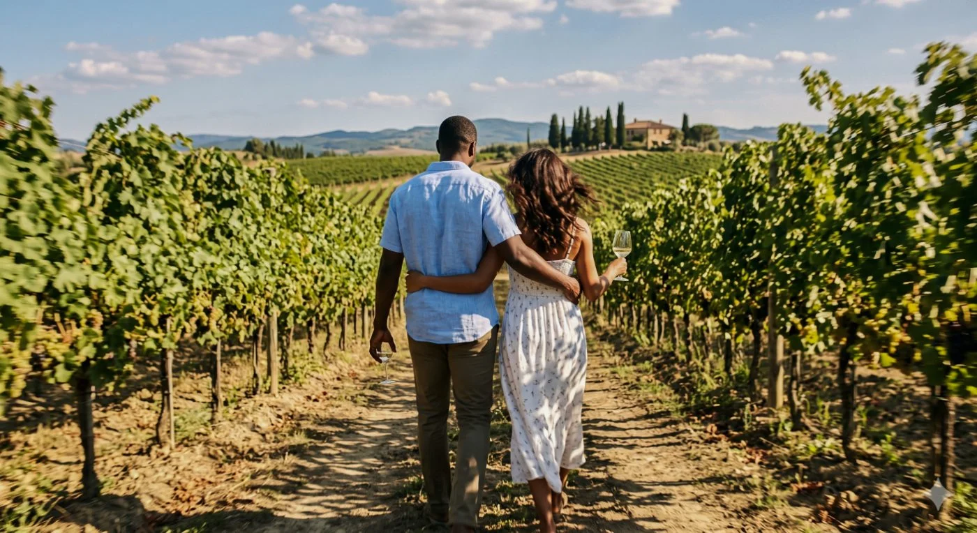 A couple among the vines on the Love & Baga route