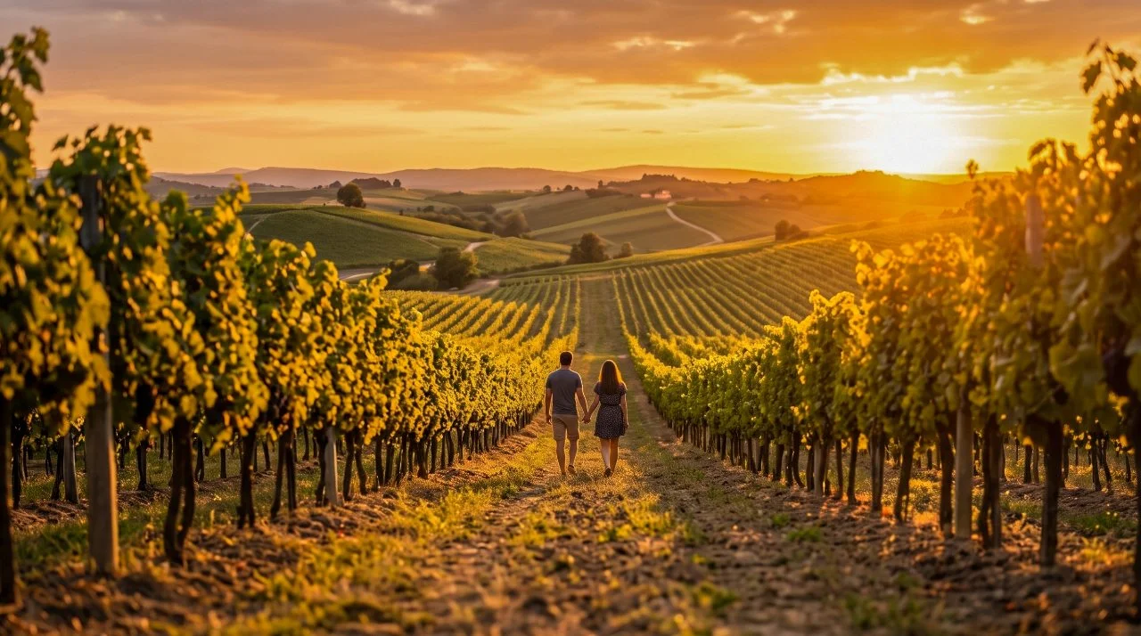 A toast with glasses of sparkling wine among the vines