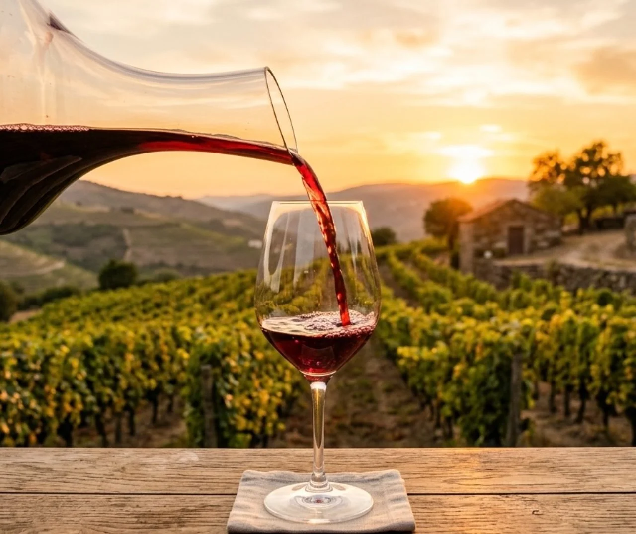 Baga red wine poured against a Bairrada vineyard at sunset