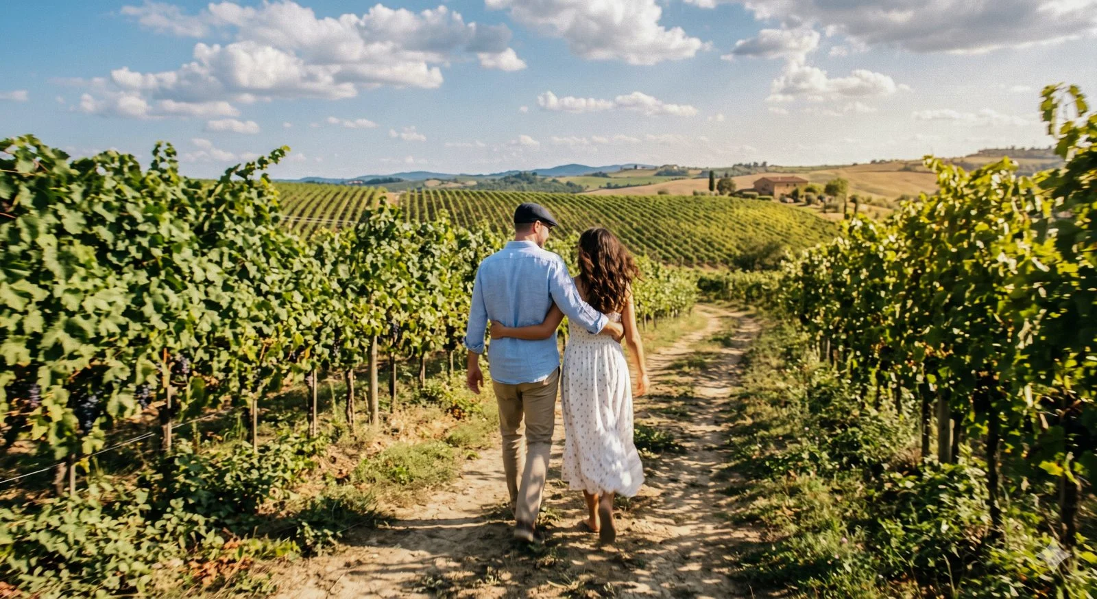 A couple walking through the Bairrada vines towards a villa